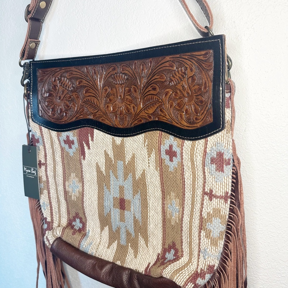 Tooled Leather Western Fringe Aztec Patterned Purse - Picture 2 of 6